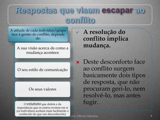 A atitude de cada indivíduo/grupo
 face à gestão do conflito, depende               A resolução do
                 de:                               conflito implica
    A sua visão acerca de como a
                                                   mudança.
         mudança acontece

                                                  Deste desconforto face
    O seu estilo de comunicação                    ao conflito surgem
                                                   basicamente dois tipos
                                                   de resposta, que não
            Os seus valores                        procuram geri-lo, nem
                                                   resolvê-lo, mas antes
         O estatuto que detém e da                 fugir.
    importância que os outros revêem em si
   (os indivíduos aceitam mais facilmente o
      conhecido do que um desconhecido)
                                     Formador: Dércio Martins               9
 