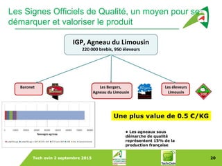 Tech ovin 2 septembre 2015 20
Les Bergers,
Agneau du Limousin
Baronet
IGP, Agneau du Limousin
220 000 brebis, 950 éleveurs
Les éleveurs
Limousin
Les Signes Officiels de Qualité, un moyen pour se
démarquer et valoriser le produit
Une plus value de 0.5 €/KG
• Les agneaux sous
démarche de qualité
représentent 15% de la
production française
 