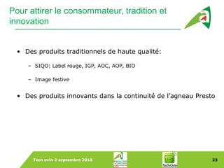 Tech ovin 2 septembre 2015 23
Dans le Monde
Pour attirer le consommateur, tradition et
innovation
• Des produits traditionnels de haute qualité:
– SIQO: Label rouge, IGP, AOC, AOP, BIO
– Image festive
• Des produits innovants dans la continuité de l’agneau Presto
 
