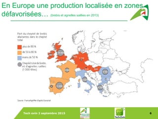 Tech ovin 2 septembre 2015 6
Dans le Monde
En Europe une production localisée en zones
défavorisées… (brebis et agnelles saillies en 2013)
 