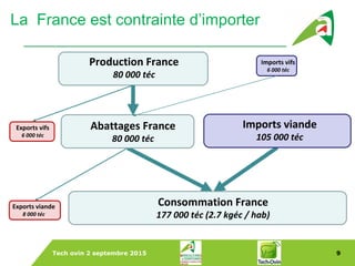 Tech ovin 2 septembre 2015 9
Exports viande
8 000 téc
Exports vifs
6 000 téc
Imports vifs
6 000 téc
Abattages France
80 000 téc
Imports viande
105 000 téc
Consommation France
177 000 téc (2.7 kgéc / hab)
Production France
80 000 téc
La France est contrainte d’importer
 