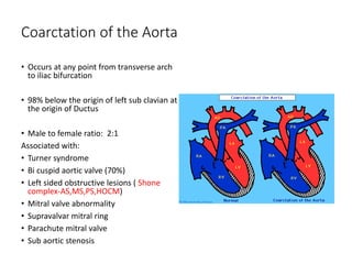 Coarctation of the Aorta
• Occurs at any point from transverse arch
to iliac bifurcation
• 98% below the origin of left sub clavian at
the origin of Ductus
• Male to female ratio: 2:1
Associated with:
• Turner syndrome
• Bi cuspid aortic valve (70%)
• Left sided obstructive lesions ( Shone
complex-AS,MS,PS,HOCM)
• Mitral valve abnormality
• Supravalvar mitral ring
• Parachute mitral valve
• Sub aortic stenosis
 