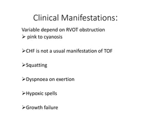Clinical Manifestations:
Variable depend on RVOT obstruction
 pink to cyanosis
CHF is not a usual manifestation of TOF
Squatting
Dyspnoea on exertion
Hypoxic spells
Growth failure
 