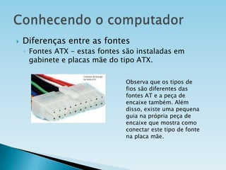 

Diferenças entre as fontes
◦ Fontes ATX - estas fontes são instaladas em
gabinete e placas mãe do tipo ATX.
Observa que os tipos de
fios são diferentes das
fontes AT e a peça de
encaixe também. Além
disso, existe uma pequena
guia na própria peça de
encaixe que mostra como
conectar este tipo de fonte
na placa mãe.

 