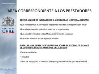 DEFINIR UN SET DE INDICADORES A MONITOREAR Y RETROALIMENTAR Que correspondan a actividades trazadoras incluidas en Programación anual Que reflejen las principales funciones de la organización Que no estén incluidas en las Metas anteriormente señaladas Que estén incluidas en los registros oficiales INSTALAR UNA PAUTA DE EVALUACION SOBRE EL ESTADO DE AVANCE DE LOS RESULTADOS SANITARIOS DEL AÑO 2010 Carácter cualitativo Trimestral Servir de apoyo para la reflexión y la reprogramación de los procesos de APS AREA CORRESPONDIENTE A LOS PRESTADORES 