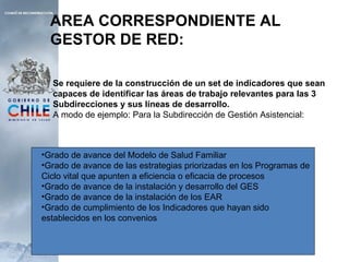 Se requiere de la construcción de un set de indicadores que sean capaces de identificar las áreas de trabajo relevantes para las 3 Subdirecciones y sus líneas de desarrollo.  A modo de ejemplo: Para la Subdirección de Gestión Asistencial: AREA CORRESPONDIENTE AL GESTOR DE RED:  Grado de avance del Modelo de Salud Familiar Grado de avance de las estrategias priorizadas en los Programas de Ciclo vital que apunten a eficiencia o eficacia de procesos  Grado de avance de la instalación y desarrollo del GES Grado de avance de la instalación de los EAR Grado de cumplimiento de los Indicadores que hayan sido establecidos en los convenios  