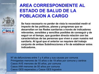 Nº de defunciones entre 1 y 4 años y sus causas por comuna Primigestas menores de 15 años o de 19 años por comuna y centros Casos AVE menores de 50 años, por comuna  Casos IAM menores de 50 años por comuna Casos GES esperados y Casos GES logrados AREA CORRESPONDIENTE AL ESTADO DE SALUD DE LA POBLACION A CARGO Se hace necesario no perder de vista la necesidad medir el impacto de las políticas, planes y programas que se desarrollan en las Redes sanitarias a través de indicadores relevantes, sensibles y sencillos posibles de conseguir y de seguir en el tiempo, que guarden directa relación con las características de las personas que viven o usan nuestra red sanitaria. Al igual que el anterior se requiere del trabajo conjunto de ambas Subdirecciones a fin de establecer estos indicadores.  