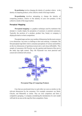 Notes
193
Re-positioning involves changing the identity of a product, relative to the
identity of competing products, in the collective minds of the target market.
De-positioning involves attempting to change the identity of
competing products, relative to the identity of your own product, in the
collective minds of the target market.
Perceptual Mapping
Perceptual mapping is a graphics technique used by marketers that
attempts to visually display the perceptions of customers or potential customers.
Typically the position of a product, product line, brand, or company is
displayed relative to their competition.
Perceptual maps canhave anynumberofdimensions but themost common
is two dimensions. Any more is a challenge to draw and confusing to interpret. The
first perceptual map below shows consumer perceptions of various automobiles
on the two dimensions of sportiness/conservative and classy/affordable. This
sample of consumers felt Porsche was the sportiest and classiest of the cars in
the study (top right corner). They felt Plymouth was most practical and
conservative (bottom left corner).
Perceptual Map of Competing Products
Cars that are positioned close to each other are seen as similar on the
relevant dimensions by the consumer. For example consumers see Buick,
Chrysler, and Oldsmobile as similar. They are close competitors and form a
competitive grouping. A company considering the introduction of a new model
will look for an area on the map free from competitors. Some
 