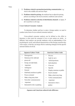 Notes
54
2. Problems related to promotion/marketing communication: e.g.
Ariel in the middle east and also Pepsi
3. Problems related to pricing: the marketer has to adjust his pricing
policies according to the local economic conditions and customs.
4. Problems related to selection of distribution channels: in Japan, P
& G used this to sell soap
Cross-Cultural Consumer Analysis
To determine whether and how to enter a foreign market, we need to
conduct some form of cross-cultural consumer analysis.
Cross-cultural consumer analysis can be defined as the effort to
determine to what extent the consumers of two or more nations are similar or
different. Such analysis can provide marketers with an understanding of the
psychological, social, and cultural characteristics of the foreign consumers they
wish to target, so that they can design effective marketing strategies for the specific
national markets involved.
Japanese Culture Traits American Culture traits
➢ Homogenous
➢ Harmony to be valid and
➢ preserved
➢ Group, not individual,
➢ important
➢ Ambiguous
➢ General
➢ Hold back emotions in public
➢ Process-oriented
➢ Make a long story short
➢ Nonverbal communication
➢ important
➢ Interested in who is speaking
➢ Diverse
➢ Fight for one’s
➢ beliefs/positions
➢ Individualistic
➢ Clear-cut
➢ Specific
➢ Display emotions in public
➢ Result oriented
➢ Make a short story long
➢ Verbal communication
➢ important
➢ Interested in what is
spoken
Japanese and American cultural traits difference
 