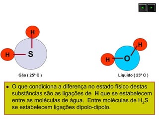 H
H
H
H O
S
 O que condiciona a diferença no estado físico destas
substâncias são as ligações de H que se estabelecem
entre as moléculas de água. Entre moléculas de H2S
se estabelecem ligações dipolo-dipolo.
Gás ( 25º C ) Liquido ( 25º C )
 