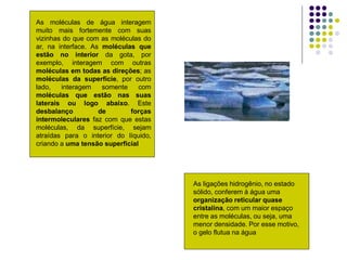 As moléculas de água interagem
muito mais fortemente com suas
vizinhas do que com as moléculas do
ar, na interface. As moléculas que
estão no interior da gota, por
exemplo, interagem com outras
moléculas em todas as direções; as
moléculas da superfície, por outro
lado, interagem somente com
moléculas que estão nas suas
laterais ou logo abaixo. Este
desbalanço de forças
intermoleculares faz com que estas
moléculas, da superfície, sejam
atraídas para o interior do líquido,
criando a uma tensão superficial
As ligações hidrogênio, no estado
sólido, conferem à água uma
organização reticular quase
cristalina, com um maior espaço
entre as moléculas, ou seja, uma
menor densidade. Por esse motivo,
o gelo flutua na água
 