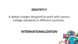 IDENTIFY!!!
A laptop charger designed to work with various
voltage standards in different countries.
INTERNATIONALIZATION
 