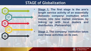 STAGE of Globalization
• Stage 1. The first stage is the arm’s
length service activity of an essentially
domestic company/ institution which
moves into new market overseas by
linking up with local dealers and
distributors. (Partnership)
• Stage 2. The company/ institution takes
over these activities on its own.
 