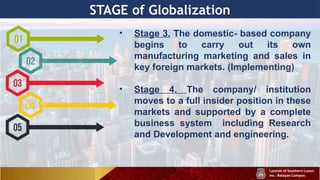 STAGE of Globalization
• Stage 3. The domestic- based company
begins to carry out its own
manufacturing marketing and sales in
key foreign markets. (Implementing)
• Stage 4. The company/ institution
moves to a full insider position in these
markets and supported by a complete
business system including Research
and Development and engineering.
 