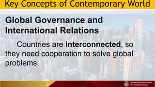 Key Concepts of Contemporary World
Global Governance and
International Relations
Countries are interconnected, so
they need cooperation to solve global
problems.
 