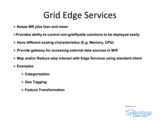 Grid Edge Services Keeps MR jobs lean and mean  Provides ability to control non-gridifyable solutions to be deployed easily Have different scaling characteristics (E.g. Memory, CPU) Provide gateway for accessing external data sources in M/R Map and/or Reduce step interact with Edge Services using standard client Examples Categorization Geo Tagging Feature Transformation 