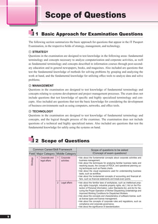 Scope of Questions

                1 Basic Approach for Examination Questions
    The following section summarizes the basic approach for questions that appear in the IT Passport
    Examination, in the respective ﬁelds of strategy, management, and technology.
    ① STRATEGY
    Questions in the examination are designed to test knowledge in the following areas: fundamental
    terminology and concepts necessary to analyze computerization and corporate activities, as well
    as fundamental terminology and concepts described in information courses through post-second-
    ary education and in general newspapers, books, and magazines. Also included are questions that
    test the fundamental knowledge of methods for solving problems by grasping and analyzing the
    work at hand, and the fundamental knowledge for utilizing ofﬁce tools to analyze data and solve
    problems.
    ② MANAGEMENT
    Questions in the examination are designed to test knowledge of fundamental terminology and
    concepts relating to systems development and project management processes. The exam does not
    include questions that test knowledge of speciﬁc and highly specialized terminology and con-
    cepts. Also included are questions that test the basic knowledge for considering the development
    of business environments such as using computers, networks, and ofﬁce tools.
    ③ TECHNOLOGY
    Questions in the examination are designed to test knowledge of fundamental terminology and
    concepts, and the logical thought process of the examinee. The examination does not include
    questions of a technical and highly specialized nature. Also included are questions that test the
    fundamental knowledge for safely using the systems on hand.



                2 Scope of Questions
           Common Career/Skill Framework                               Scope of questions to be asked
    Field Major Category Middle Category                                (Concept of exam questions)
                1   Corporate and   1   Corporate       • Ask about the fundamental concepts about corporate activities and
     Strategy




                    legal affairs       activities        business management.
                                                        • Ask about the techniques for analyzing familiar business tasks and
                                                          resolving issues, the concept of PDCA, and operational planning us-
                                                          ing techniques such as Pareto charts.
                                                        • Ask about the visual expressions used for understanding business
                                                          tasks, such as workﬂow.
                                                        • Ask about the fundamental concepts of accounting and ﬁnancial af-
                                                          fairs, such as ﬁnancial statements and break-even points.
                                    2   Legal affairs   • Ask about the familiar laws of workplaces, such as intellectual prop-
                                                          erty rights (copyright, industrial property rights, etc.), Act on the Pro-
                                                          tection of Personal Information, Labor Standards Act, and Act for Se-
                                                          curing the Proper Operation of Worker Dispatching Undertakings and
                                                          Improved Working Conditions for Dispatched Workers.
                                                        • Ask about the concepts and characteristics of software license, such
                                                          as license types and license management.
                                                        • Ask about the concepts of corporate rules and regulations, such as
                                                          compliance and corporate governance.
                                                        • Ask about the signiﬁcance of standardization.



9
 
