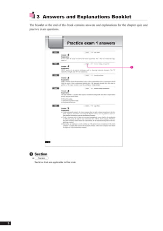 3 Answers and Explanations Booklet
    The booklet at the end of this book contains answers and explanations for the chapter quiz and
    practice exam questions.



                                              Practice exam 1 answers

                             Q1.                                               Section   1-2 Legal affairs

                                    Answer     d
                                    Explanation
                                    If used within the scope covered by the license agreement, then it does not violate the Copy-
                                    right Act.

                             Q2.                                               Section   2-1 Business strategy management

                                    Answer     d                                                                                        1
                                    Explanation
                                    SWOT analysis is an analysis technique used for planning corporate strategies. The “S”
                                    stands for strengths, and “W” for weaknesses.

                             Q3.                                               Section   1-1 Corporate activities

                                    Answer     a
                                    Explanation
                                    CSR (Corporate Social Responsibility) refers to the responsibilities that a corporations should
                                    fulﬁll to society. Many corporations publish their CSR approach through their Web page or
                                    publish a CSR report in order to earn the conﬁdence of stakeholders.

                             Q4.                                               Section   2-1 Business strategy management

                                    Answer     a
                                    Explanation
                                    The star of PPM is a product that requires investment with growth, but offers a high market
                                    growth rate and market share.
                                    b): Describes a dog.
                                    c): Describes a question mark.
                                    d): Describes a cash cow.

                             Q5.                                               Section   1-2 Legal affairs

                                    Answer     b
                                    Explanation
                                    a): Under a dispatch contract, the client company has the right to issue instructions to the dis-
                                        patch employee, but matters concerning the dispatch contract such as paid leave and over-
                                        time must be cleared ﬁrst with the dispatching company.
                                    c): Even if erroneous entry of data into a product management system leads to the production
                                        of defective goods, the right to issue instructions lies with the client company. Therefore,
                                        the client company cannot blame the responsibility for the manufactured goods on the dis-
                                        patching company.
                                    d): Instructing an employee to work overtime as if the person were an employee of the client
                                        company is a matter that concerns the dispatch contract, so the client company must obtain
                                        the approval of the dispatching company.




                       19




    1 Section
      ●      Section

          Sections that are applicable to this book.




3
 