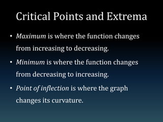 Critical Points and ExtremaMaximum is where the function changes from increasing to decreasing.Minimum is where the function changes from decreasing to increasing.Point of inflectionis where the graph changes its curvature.