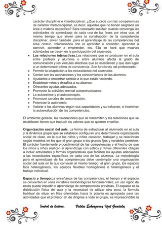 carácter disciplinar e interdisciplinar. ¿Que sucede con las competencias
      de carácter metadisciplinar, es decir, aquellas que no tienen asignada un
      área o materia especifica? Sera necesario sustituir cuando convenga las
      actividades de aprendizaje de cada una de las fases por otras que, al
      mismo tiempo que sirven para la construcción de la competencia
      disciplinar, sirvan también para el aprendizaje de las competencias del
      área común, relacionados con el aprender a aprender, aprender a
      convivir, aprender a emprender, etc. Ello se hará que muchas
      actividades se basen en la participación del alumnado.
      Las relaciones interactivas.Las relaciones que se producen en el aula
      entre profesor y alumnos o entre alumnos afecta al grado de
      comunicación y los vínculos afectivos que se establecen y que dan lugar
      a un determinado clima de convivencia. Son funciones del profesorado:
      Permitir la adaptación a las necesidades del alumnado.
      Contar con las aportaciones y los conocimientos de los alumnos.
      Ayudarles a encontrar sentido a lo que están haciendo.
      Establecer retos y desafíos a su alcance.
      Ofrecerles ayudas adecuadas.
      Promover la actividad mental autoestructurante.
      La autoestima y el autoconcepto.
      Promover canales de comunicación.
      Potenciar la autonomía.
      Valorar a los alumnos según sus capacidades y su esfuerzo, e incentivar
      la autoevaluación de las competencias.

El ambiente general, las valoraciones que se transmiten y las relaciones que se
establecen tienen que traducir los valores que se quieren enseñar.

Organización social del aula. La forma de estructurar al alumnado en el aula
y la dinámica grupal que se establece configuran una determinada organización
social de clase, en la que los niños y niñas conviven, trabajan y se relacionan
según modelos en los que el gran grupo o los grupos fijos y variables permiten.
El carácter fuertemente procedimental de las competencias y el hecho de que
los niños y niñas realicen el aprendizaje con estilos y ritmos diferentes obligan
a incluir actividades y formas organizativas que faciliten las ayudas adecuadas
a las necesidades específicas de cada uno de los alumnos. La metodología
para el aprendizaje de las competencias debe contemplar una organización
social del aula en la que convivan al mismo tiempo: el gran grupo, los equipos
fijos heterogéneos, los equipos flexibles homogéneos o heterogéneos y el
trabajo individual.

Espacio y tiempo.La enseñanza de las competencias, el tiempo y el espacio
se convierten en unas variables metodológicas fundamentales, un uso rígido de
estas puede impedir el aprendizaje de competencias previstas. El espacio es la
distribución física del aula y la necesidad de utilizar otra zona, la fórmula
habitual de situar en filas orientadas hacia la pizarra es apropiada para las
actividades que el profesor ah de dirigirse a todo el grupo, es imprescindible la

          Control de lectura.        Valdes Echeagaray Itzel Guadalupe. 1.-C
 