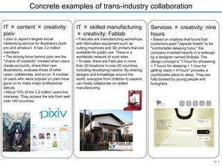 Concrete examples of trans-industry collaboration 
IT × content × creativity: 
pixiv 
• pixiv is Japan's largest social 
networking service for illustrators (both 
pro and amateur). It has 3.2 million 
members. 
• The driving force behind pixiv are the 
"chains of creativity" created when users 
create accounts, share their own 
illustrations, evaluate those of other 
users, collaborate, and so on. A number 
of users who were popular on pixiv have 
gone on to make major professional 
debuts. 
• About 10% of the 3.2 million users live 
overseas. They access the site from well 
over 100 countries. 
IT × skilled manufacturing 
× creativity: Fablab 
• FabLabs are manufacturing workshops 
with fabrication equipment such as 
cutting machines and 3D printers that are 
available fro public use. There is a 
worldwide network of such sites. 
• To date, there are FabLabs in more 
than 50 locations in over 20 countries, 
including developing nations. By sharing 
designs and knowledge around the 
world, everyone from children to experts 
can freely collaborate on skilled 
manufacturing. 
Services × creativity: nine 
hours 
• Based on analysis that found that 
customers want "capsule hotels" to be 
"comfortable sleeping hubs," the 
company invested heavily in a redesign 
by a designer named Shibata. The 
design concept is "1 hour for showering 
+ 7 hours for sleeping + 1 hour for 
getting ready = 9 hours" provides a 
comfortable place to sleep. They are 
fully booked by young people and 
foreigners. 
R-1 
 