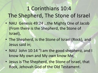 1 Corinthians 10:4
The Shepherd, The Stone of Israel
• NAU Genesis 49:24 …the Mighty One of Jacob
(From there is the Sheph...