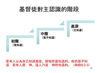基督徒對主認識的階段
12
若有人以為自己知道甚麼、按他所當知道的、他仍是不知
道．若有人愛 神、這人乃是 神所知道的。（林前8:2-3）
初階
（我知道）
中階
（我不知道）
進深
（主知道）
 