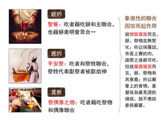 聖餐：吃者藉吃餅和主聯合，
也藉餅表明會眾合一
平安祭：吃者和祭牲聯合，
祭牲代表獻祭者被獻給神
祭偶像之物：吃者藉吃祭物
和偶像聯合
新約
舊約
異教
就物質層面而言，
餅、祭物並無變
化；所以保羅說，
市面上賣的肉，
謝恩之後都可吃。
但就屬靈層面而
言，餅、祭物有
其意義；所以廟
會上的食物，基
督徒為著見證的
緣故，就不應該
參與廟宴。
象徵性的聯合
因信而起作用
 