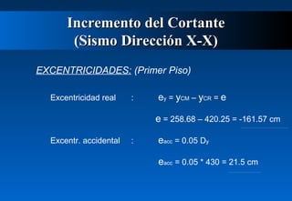 Incremento del Cortante
(Sismo Dirección X-X)
EXCENTRICIDADES: (Primer Piso)
Excentricidad real

:

ey = yCM – yCR = e
e = 258.68 – 420.25 = -161.57 cm

Excentr. accidental

:

eacc = 0.05 Dy
eacc = 0.05 * 430 = 21.5 cm

 