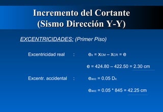Incremento del Cortante
(Sismo Dirección Y-Y)
EXCENTRICIDADES: (Primer Piso)
Excentricidad real

:

ex = xCM – xCR = e
e = 424.80 – 422.50 = 2.30 cm

Excentr. accidental

:

eacc = 0.05 Dx
eacc = 0.05 * 845 = 42.25 cm

 