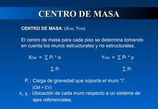 CENTRO DE MASA
CENTRO DE MASA: (XCM, YCM)

El centro de masa para cada piso se determina tomando
en cuenta los muros estructurales y no estructurales.
XCM = ∑ Pi * xi
∑ Pi

YCM = ∑ Pi * yi
∑ Pi

Pi : Carga de gravedad que soporta el muro “i”.
(CM + CV)

xi, yi : Ubicación de cada muro respecto a un sistema de
ejes referenciales.

 