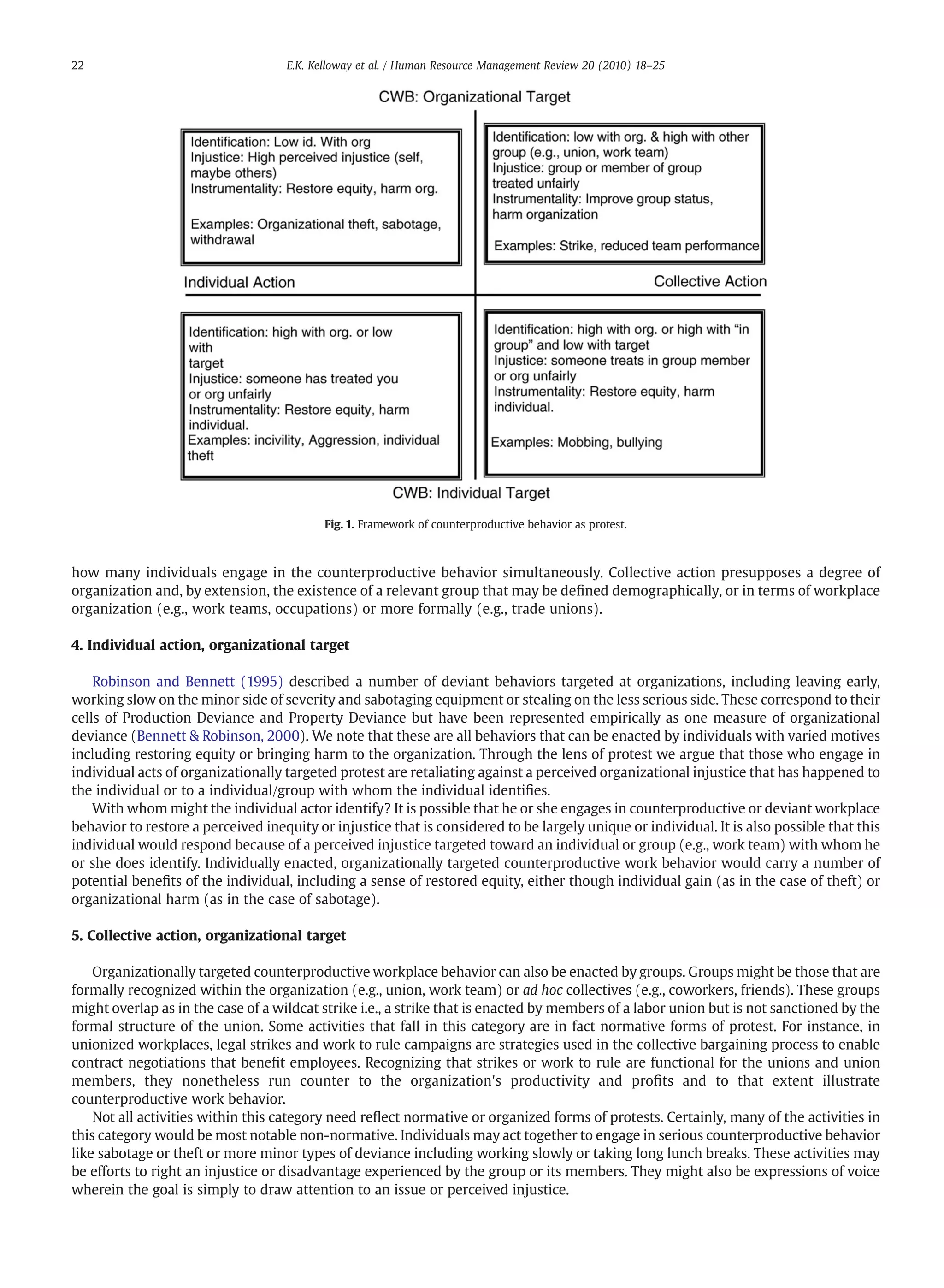 how many individuals engage in the counterproductive behavior simultaneously. Collective action presupposes a degree of
organization and, by extension, the existence of a relevant group that may be deﬁned demographically, or in terms of workplace
organization (e.g., work teams, occupations) or more formally (e.g., trade unions).
4. Individual action, organizational target
Robinson and Bennett (1995) described a number of deviant behaviors targeted at organizations, including leaving early,
working slow on the minor side of severity and sabotaging equipment or stealing on the less serious side. These correspond to their
cells of Production Deviance and Property Deviance but have been represented empirically as one measure of organizational
deviance (Bennett & Robinson, 2000). We note that these are all behaviors that can be enacted by individuals with varied motives
including restoring equity or bringing harm to the organization. Through the lens of protest we argue that those who engage in
individual acts of organizationally targeted protest are retaliating against a perceived organizational injustice that has happened to
the individual or to a individual/group with whom the individual identiﬁes.
With whom might the individual actor identify? It is possible that he or she engages in counterproductive or deviant workplace
behavior to restore a perceived inequity or injustice that is considered to be largely unique or individual. It is also possible that this
individual would respond because of a perceived injustice targeted toward an individual or group (e.g., work team) with whom he
or she does identify. Individually enacted, organizationally targeted counterproductive work behavior would carry a number of
potential beneﬁts of the individual, including a sense of restored equity, either though individual gain (as in the case of theft) or
organizational harm (as in the case of sabotage).
5. Collective action, organizational target
Organizationally targeted counterproductive workplace behavior can also be enacted by groups. Groups might be those that are
formally recognized within the organization (e.g., union, work team) or ad hoc collectives (e.g., coworkers, friends). These groups
might overlap as in the case of a wildcat strike i.e., a strike that is enacted by members of a labor union but is not sanctioned by the
formal structure of the union. Some activities that fall in this category are in fact normative forms of protest. For instance, in
unionized workplaces, legal strikes and work to rule campaigns are strategies used in the collective bargaining process to enable
contract negotiations that beneﬁt employees. Recognizing that strikes or work to rule are functional for the unions and union
members, they nonetheless run counter to the organization's productivity and proﬁts and to that extent illustrate
counterproductive work behavior.
Not all activities within this category need reﬂect normative or organized forms of protests. Certainly, many of the activities in
this category would be most notable non-normative. Individuals may act together to engage in serious counterproductive behavior
like sabotage or theft or more minor types of deviance including working slowly or taking long lunch breaks. These activities may
be efforts to right an injustice or disadvantage experienced by the group or its members. They might also be expressions of voice
wherein the goal is simply to draw attention to an issue or perceived injustice.
Fig. 1. Framework of counterproductive behavior as protest.
22 E.K. Kelloway et al. / Human Resource Management Review 20 (2010) 18–25
 