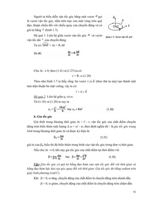 16
Người ta biểu diễn vận tốc góc bằng một vectơ ϖ
r
gọi
là vectơ vận tốc góc, nằm trên trục của một vòng tròn quỹ
đạo, thuận chiều đối với chiểu quay của chuyển động và có
giá trị bằng a
r
(hình 1.7).
Hệ quả 1: Liên hệ giữa vectơ vận tốc góc ϖ
r
và vectơ
vận tốc dài v
v
của chuyển động.
Ta có: MM' = Δs = R.Δθ
Cho Δt → 0, theo (1.4) và (1.27) ta có:
v = R. ω (1.28)
Theo như hình 1.7 ta thấy rằng: ba vectơ Rv
rrr
,,ω (theo thứ tự này) tạo thành một
tam diện thuận ba mặt vuông, vậy ta có:
Rv
rrr
∧= ω
Hệ quả 2: Liên hệ giữa an và ω.
Từ (1.18) và (1.28) ta suy ra
b. Gia tốc góc
Giả thiết trong khoảng thời gian Δt = t' - t, vận tốc góc của chất điểm chuyển
động tròn biến thiên một lượng Δ ω = ω' - ω, theo định nghĩa thì - là gia tốc góc trung
bình trong khoảng thời gian Δt và được ký hiệu là:
giá trị của βtb biểu thị độ biến thiên trung bình của vận tốc góc trong đơn vị thời gian.
Nếu cho Δt → 0, khi này gia tốc góc của chất điểm tại thời điểm t là:
Vậy: Gia tốc góc có giá trị bằng đạo hàm của vận tốc góc đối với thời gian và
bằng đạo hàm bậc hai của góc quay đối với thời gian. Gia tốc góc đo bằng radian trên
giây bình phương (rad/s2
).
Khi β > 0, ω tăng, chuyển động của chất điểm là chuyển động tròn nhanh dần.
β < 0, ω giảm, chuyển động của chất điểm là chuyển động tròn chậm dần.
 