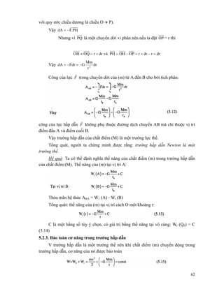 62
với quy ước chiều dương là chiều O P).
Vậy .PHFdA
r
−=
Nhưng vì PQ là một chuyển dời vi phân nên nếu ta đặt OP = r thì
drrdrrOPOHPHvàdrrOQOH =−+=−=+=≈
Vậy dr
r
Mm
GFdrdA 2
−=−=
Công của lực F
r
trong chuyển dời của (m) từ A đến B cho bởi tích phân:
công của lực hấp dẫn F
r
không phụ thuộc đường dịch chuyển AB mà chỉ thuộc vị trí
điểm đầu A và điểm cuối B.
Vậy trường hấp dẫn của chất điểm (M) là một trường lực thế.
Tổng quát, người ta chứng minh được rằng: trường hấp dẫn Newton là một
trường thế.
Hệ quả: Ta có thể định nghĩa thế năng của chất điểm (m) trong trường hấp dẫn
của chất điểm (M). Thế năng của (m) tại vị trí A:
Thỏa mãn hệ thức ABA = W1 (A) - Wt (B)
Tổng quát: thế năng của (m) tại vị trí cách O một khoảng r:
C là một hằng số tùy ý chọn, có giá trị bằng thế năng tại vô cùng: Wt (Q0) = C
(5.14)
5.2.3. Bảo toàn cơ năng trong trường hấp dẫn
V trường hấp dẫn là một trường thế nên khi chất điểm (m) chuyển động trong
trường hấp dẫn, cơ năng của nó được bảo toàn
 