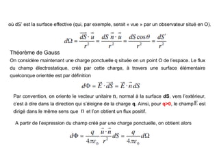 E

où dS’ est la surface effective (qui, par exemple, serait « vue » par un observateur situé en O).
Théorème de Gauss
On considère maintenant une charge ponctuelle q située en un point O de l’espace. Le flux
du champ électrostatique, créé par cette charge, à travers une surface élémentaire
quelconque orientée est par définition
Par convention, on oriente le vecteur unitaire , normal à la surface dS, vers l’extérieur,
c’est à dire dans la direction qui s’éloigne de la charge q. Ainsi, pour q>0, le champ est
dirigé dans le même sens que et l’on obtient un flux positif.
A partir de l’expression du champ créé par une charge ponctuelle, on obtient alors
n

n

 