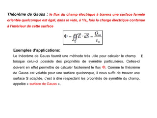 Théorème de Gauss : le flux du champ électrique à travers une surface fermée
orientée quelconque est égal, dans le vide, à 1/ε0 fois la charge électrique contenue
à l’intérieur de cette surface
Exemples d’applications:
Le théorème de Gauss fournit une méthode très utile pour calculer le champ
lorsque celui-ci possède des propriétés de symétrie particulières. Celles-ci
doivent en effet permettre de calculer facilement le flux Φ. Comme le théorème
de Gauss est valable pour une surface quelconque, il nous suffit de trouver une
surface S adaptée, c’est à dire respectant les propriétés de symétrie du champ,
appelée « surface de Gauss ».
E

 
