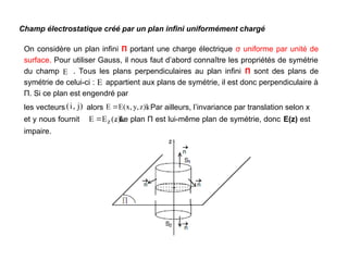 Champ électrostatique créé par un plan infini uniformément chargé
On considère un plan infini Π portant une charge électrique σ uniforme par unité de
surface. Pour utiliser Gauss, il nous faut d’abord connaître les propriétés de symétrie
du champ . Tous les plans perpendiculaires au plan infini Π sont des plans de
symétrie de celui-ci : appartient aux plans de symétrie, il est donc perpendiculaire à
Π. Si ce plan est engendré par
les vecteurs alors . Par ailleurs, l’invariance par translation selon x
et y nous fournit . Le plan Π est lui-même plan de symétrie, donc E(z) est
impaire.
E

E

)
j
,
i
(


k
)
z
,
y
,
x
(
E
E



k
)
z
(
E
E z



 