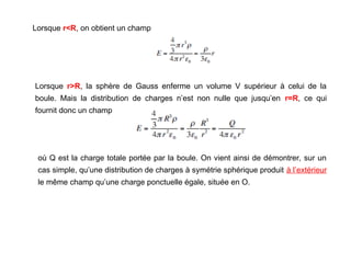 Lorsque r<R, on obtient un champ
Lorsque r>R, la sphère de Gauss enferme un volume V supérieur à celui de la
boule. Mais la distribution de charges n’est non nulle que jusqu’en r=R, ce qui
fournit donc un champ
où Q est la charge totale portée par la boule. On vient ainsi de démontrer, sur un
cas simple, qu’une distribution de charges à symétrie sphérique produit à l’extérieur
le même champ qu’une charge ponctuelle égale, située en O.
 