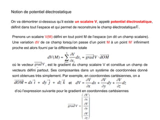 Notion de potentiel électrostatique
On va démontrer ci-dessous qu’il existe un scalaire V, appelé potentiel électrostatique,
définit dans tout l’espace et qui permet de reconstruire le champ électrostatique .
Prenons un scalaire V(M) défini en tout point M de l’espace (on dit un champ scalaire).
Une variation dV de ce champ lorsqu’on passe d’un point M à un point M’ infiniment
proche est alors fourni par la différentielle totale
E

où le vecteur , est le gradient du champ scalaire V et constitue un champ de
vecteurs défini partout. Ses composantes dans un système de coordonnées donné
sont obtenues très simplement. Par exemple, en coordonnées cartésiennes, on a
et
d’où l’expression suivante pour le gradient en coordonnées cartésiennes
 