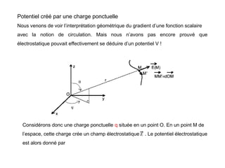 Potentiel créé par une charge ponctuelle
Nous venons de voir l’interprétation géométrique du gradient d’une fonction scalaire
avec la notion de circulation. Mais nous n’avons pas encore prouvé que
électrostatique pouvait effectivement se déduire d’un potentiel V !
Considérons donc une charge ponctuelle q située en un point O. En un point M de
l’espace, cette charge crée un champ électrostatique . Le potentiel électrostatique
est alors donné par
 