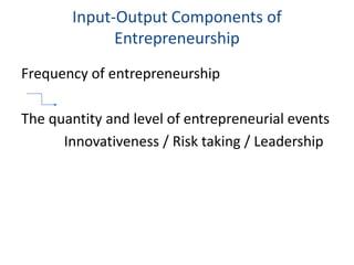 Frequency of entrepreneurship
The quantity and level of entrepreneurial events
Innovativeness / Risk taking / Leadership
Input-Output Components of
Entrepreneurship
 