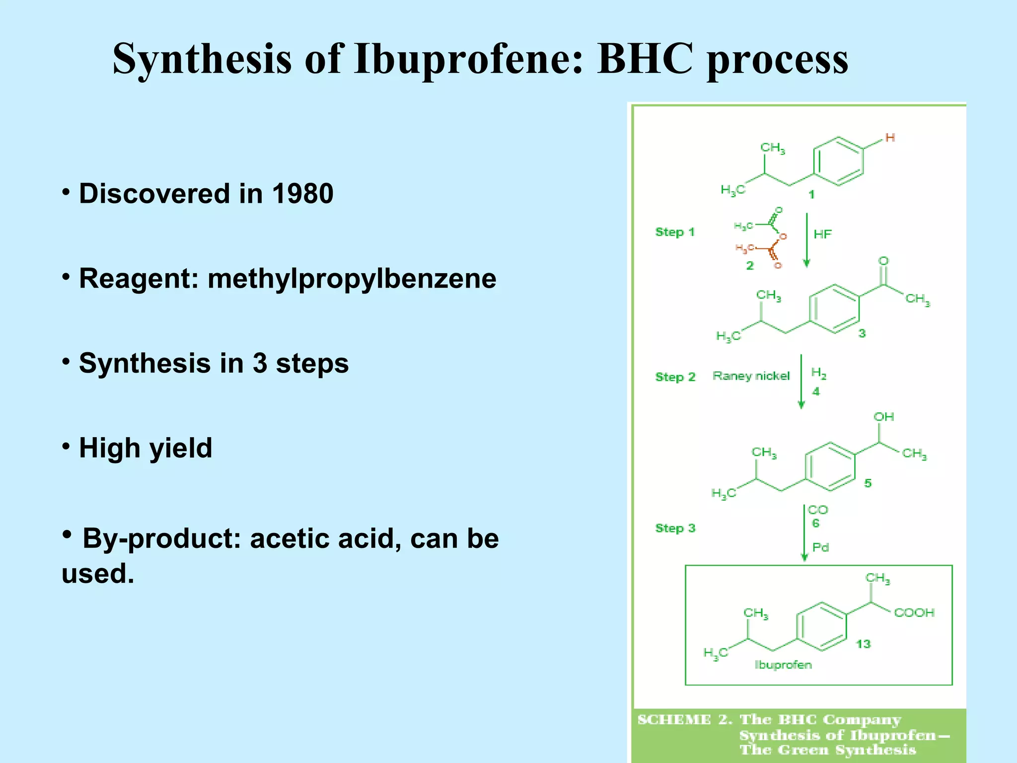 Synthesis of Ibuprofene: BHC process
• Discovered in 1980
• Reagent: methylpropylbenzene
• Synthesis in 3 steps
• High yield
• By-product: acetic acid, can be
used.
 