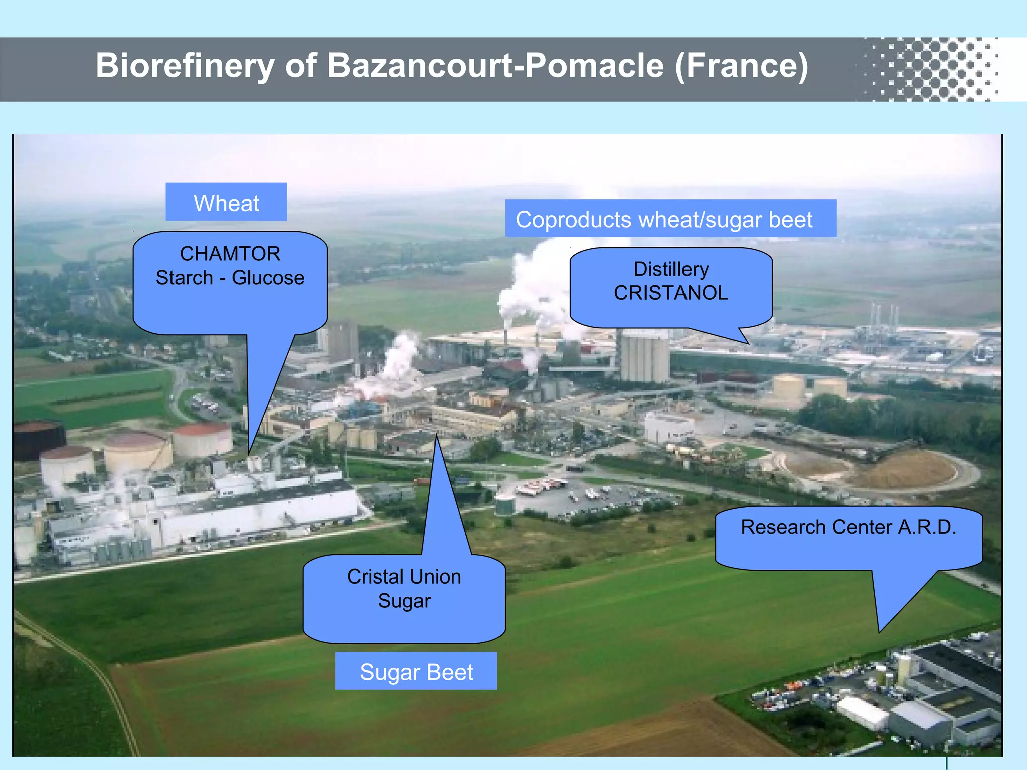 Page 75
Distillery
CRISTANOL
Research Center A.R.D.
Cristal Union
Sugar
CHAMTOR
Starch - Glucose
Coproducts wheat/sugar beet
Sugar Beet
Wheat
Biorefinery of Bazancourt-Pomacle (France)
 