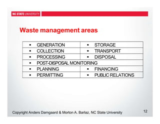  GENERATION  STORAGE
 COLLECTION  TRANSPORT
 PROCESSING  DISPOSAL
 POST-DISPOSAL MONITORING
 PLANNING  FINANCING
 PERMITTING  PUBLIC RELATIONS
12
Copyright Anders Damgaard & Morton A. Barlaz, NC State University
Waste management areas
 