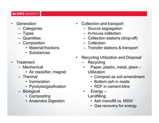 • Generation
– Categories
– Types
– Quantities
– Composition
• Material fractions
• Substances
• Treatment
– Mechanical
• Air classifier, magnet
– Thermal
• Incineration
• Pyrolysis/gasification
– Biological
• Composting
• Anaerobic Digestion
• Collection and transport
– Source segregation
– In-house collection
– Collection stations (drop-off)
– Collection
– Transfer stations & transport
• Recycling Utilization and Disposal
– Recycling
• Paper, plastic, metal, glass –
Utilization
• Compost as soil amendment
• Bottom ash in roads
• RDF in cement kilns
• Energy –
Landfilling
• Ash monofill vs. MSW
• Gas recovery for energy
 