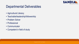 Departmental Deliverables
• Agricultural Literacy
• Teachable/leadership/followership
• Problem Solver
• Professional
• Communicator
• Competent in field of study
Copyright © 2021 Troy Tarpley
 