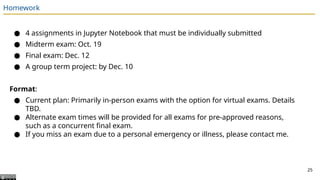 Homework
● 4 assignments in Jupyter Notebook that must be individually submitted
● Midterm exam: Oct. 19
● Final exam: Dec. 12
● A group term project: by Dec. 10
Format:
● Current plan: Primarily in-person exams with the option for virtual exams. Details
TBD.
● Alternate exam times will be provided for all exams for pre-approved reasons,
such as a concurrent final exam.
● If you miss an exam due to a personal emergency or illness, please contact me.
25
 