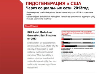 ЛИДОГЕНЕРАЦИЯ в США
Через социальные сети. 2013год
Лидогенерация для В2В через соц медиа сильно выросла в 2014 в социальных
сетях
Основная доля привлечения приходится на платное привлечение аудитории (very
involved & somewhat involved)
 