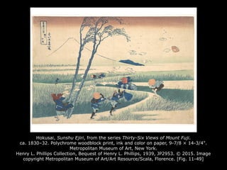 Hokusai, Sunshu Ejiri, from the series Thirty-Six Views of Mount Fuji.
ca. 1830–32. Polychrome woodblock print, ink and color on paper, 9-7/8 × 14-3/4".
Metropolitan Museum of Art, New York.
Henry L. Phillips Collection, Bequest of Henry L. Phillips, 1939, JP2953. © 2015. Image
copyright Metropolitan Museum of Art/Art Resource/Scala, Florence. [Fig. 11-49]
 