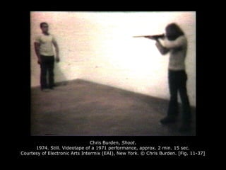 Chris Burden, Shoot.
1974. Still. Videotape of a 1971 performance, approx. 2 min. 15 sec.
Courtesy of Electronic Arts Intermix (EAI), New York. © Chris Burden. [Fig. 11-37]
 